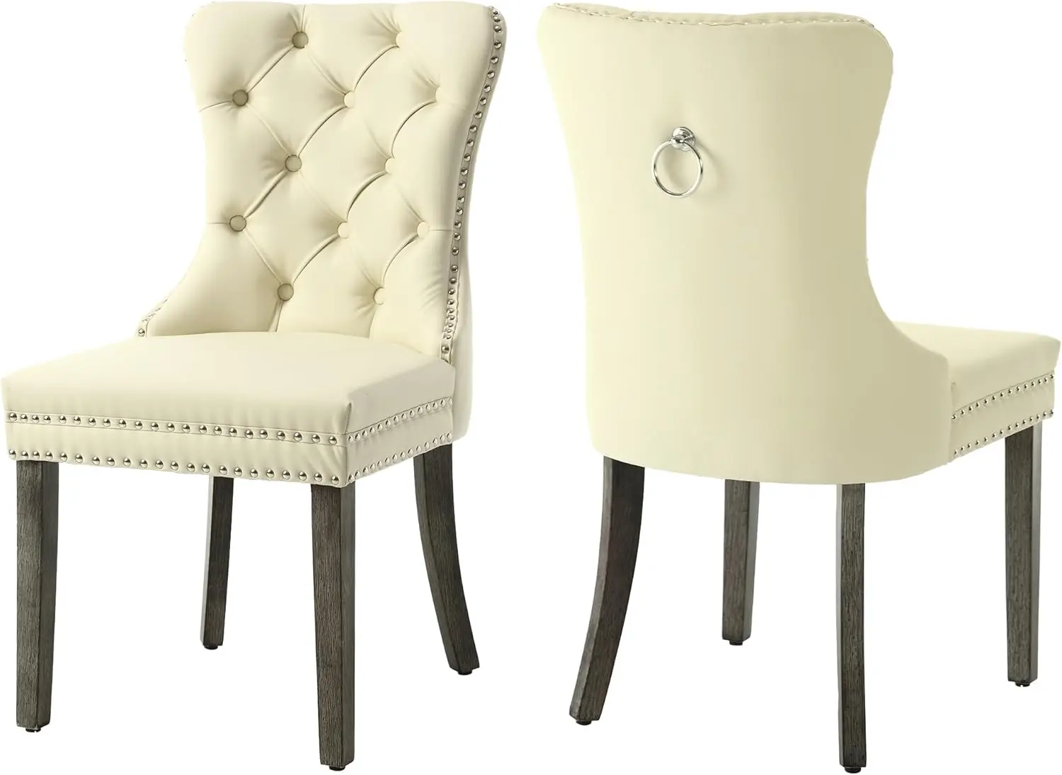 Leather Dining Chairs Set of 2, Upholstered Button Tufted Dining Room Chairs with Rivet Trim Metal Pull Ring Wood Legs for Ki