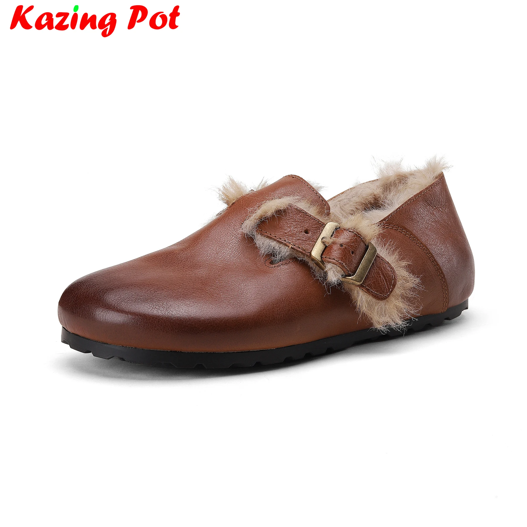 Krazing Pot Cold Resistant Genuine Leather Med Heels Winter Shoes Wool Blend Belt Buckle Retro Warm Dating Luxury Women Pumps