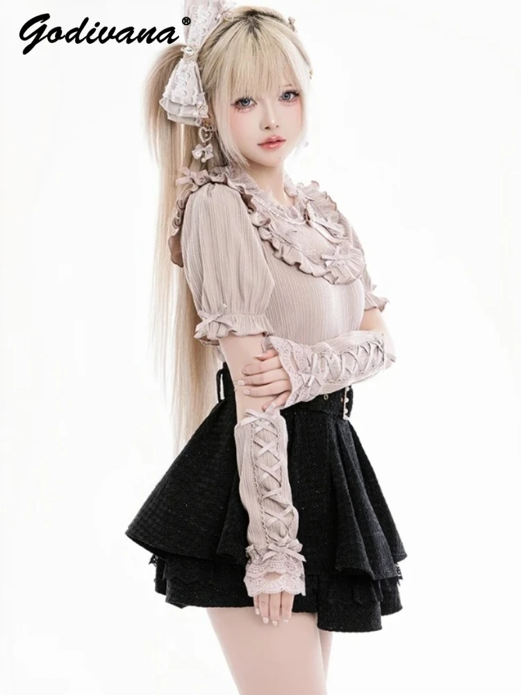 

Japanese Mine Sweet Cute Girls Detachable Sleeve Knitted Tops New Autumn Women's Lace-up Bow Pullover Sweaters