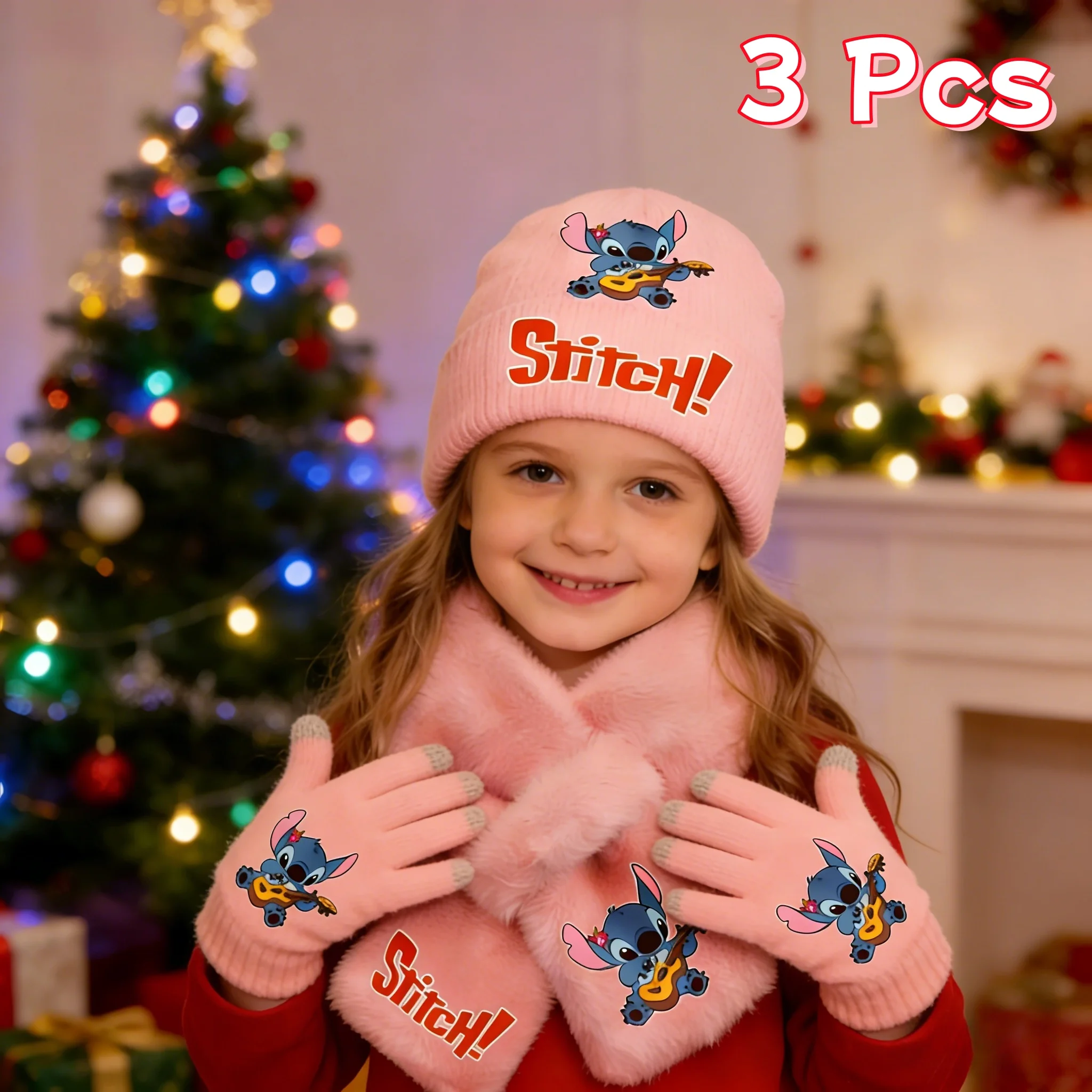 

Disney Cute Stitch, 3 шт., теплая мягкая детская вязаная шапка для девочек, шарф, перчатка, комплект, зимняя мода, повседневные аксессуары, идеальный подарок на день рождения