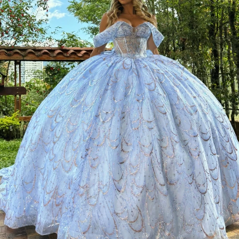 

Light Blue Shiny Ball Gown Quinceanera Dresses Off The Shoulder Beading Crystal Tull Party Birthday Sweet 16 Dress Vestidos 15