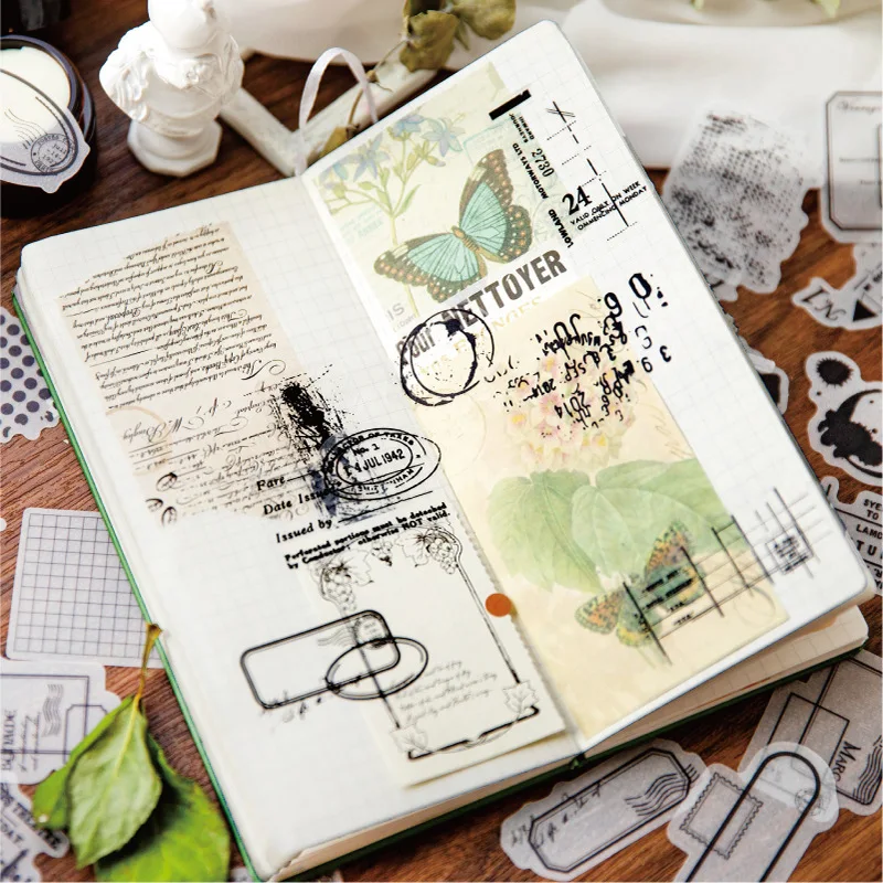 40pcs Vintage Black White Label Stickers Pack Junk Journal Ephemera Decorative Stickers Aesthetic Album Scrapbooking Supplies