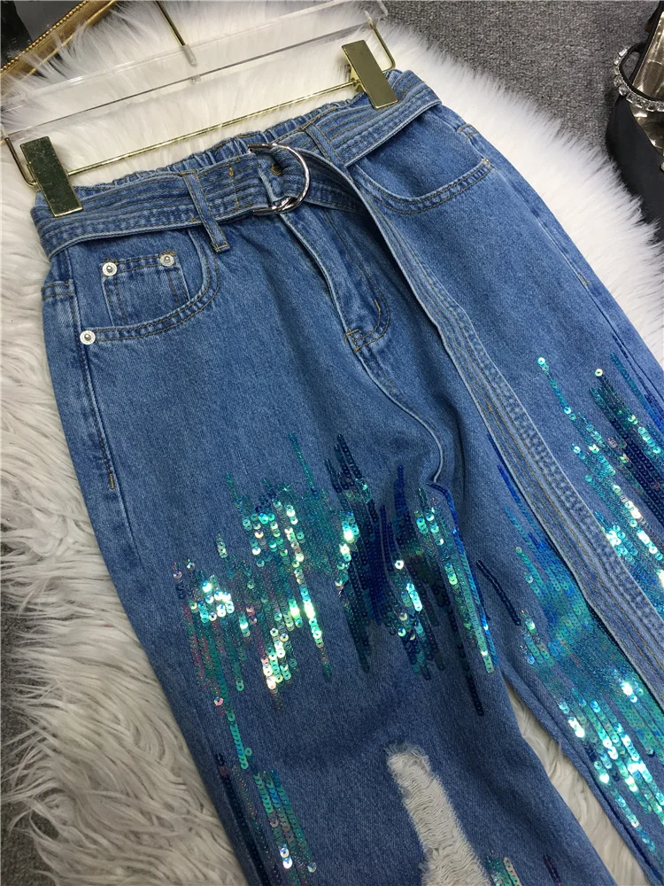 Industry Manual Heavy Sequined Denim Pants Women Elastic High Waist Slimming Ripped Jeans 2023 Spring New Baggy Pantalon Female