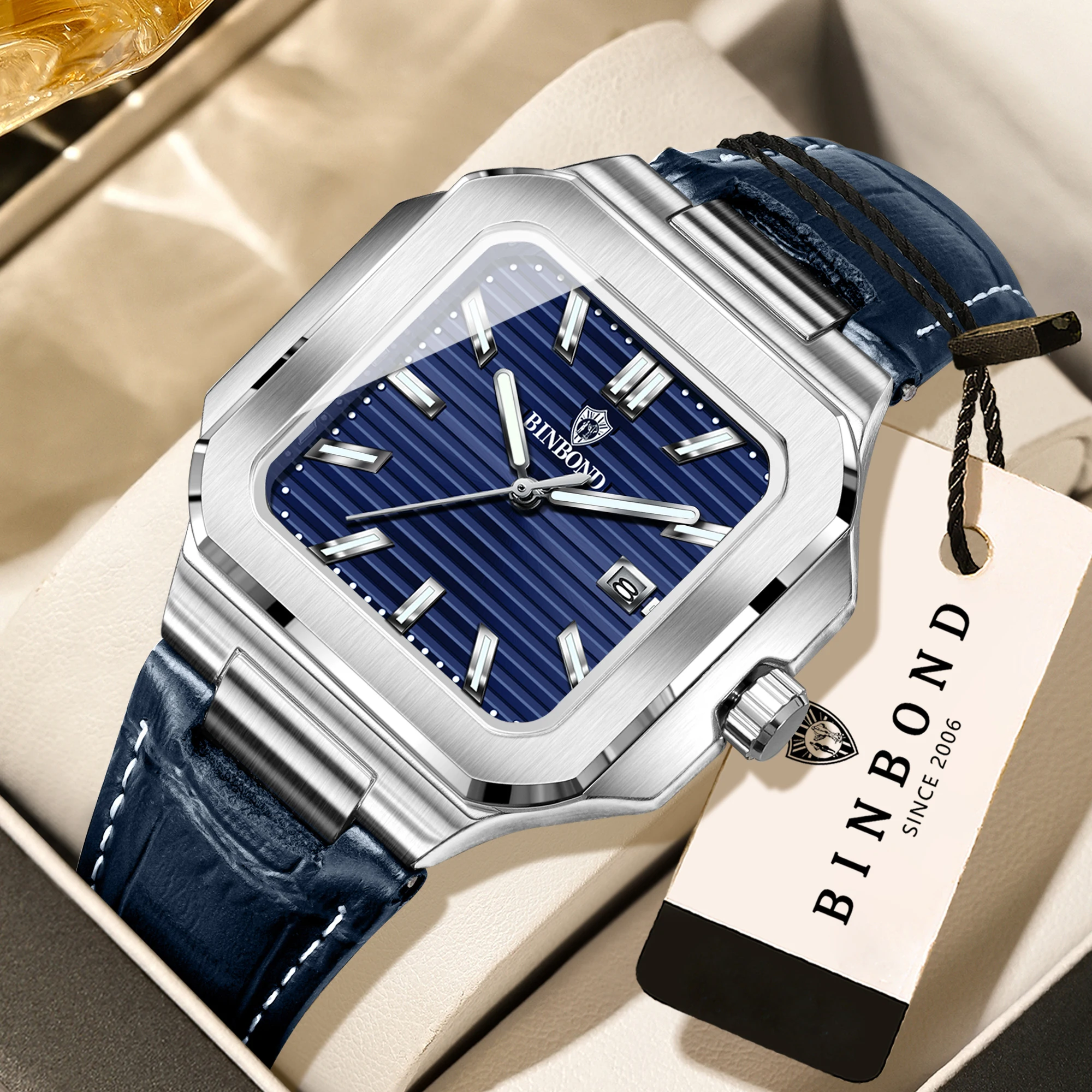 BINBOND  square quartz wristwatches for men luminous waterproof luxury auto date presice sturdy men's watch casual reloj
