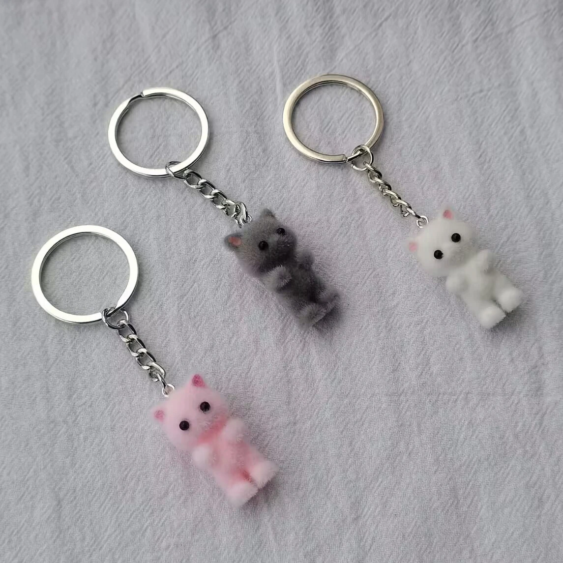 1PCS Kawaii Flocking Cat Keychain Cute Kitty Key Ring Animal Key Chains Pet lover Gifts For Women Men Car Keys DIY Jewelry