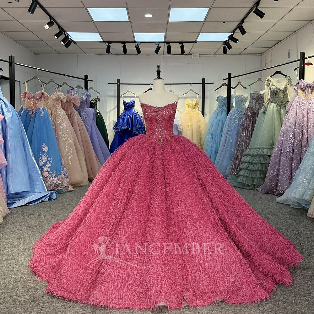 

Розовые блестящие 15 платьев Quinceanera 2025, расшитое бисером, тюлевое бальное платье со шлейфом и рюшами, свадебное платье по индивидуальному заказу, платья de 15 quinceañera