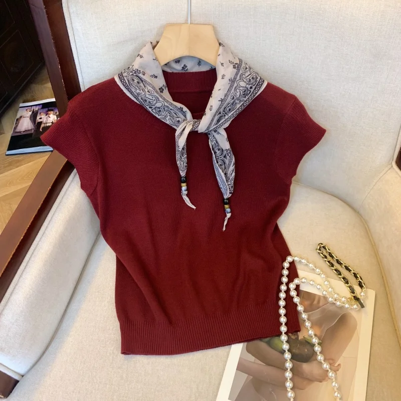 

Unique Sle Red Slim Fit ort Knitted Sweater with Silk Scarf round Ne Summer Faion Women's Top Unique Sve Design