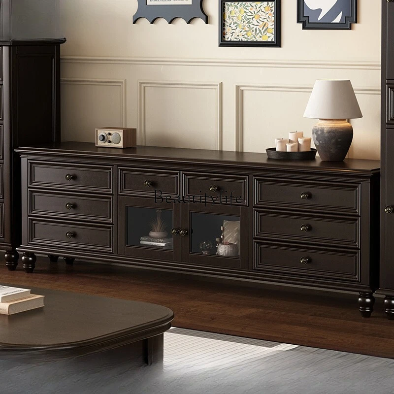 

American retro all-solid wood TV cabinet, living room dark with pump storage cabinet