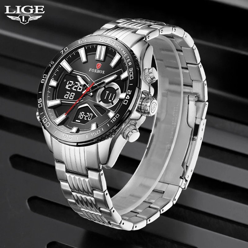 LIGE Luxury Brand Watches For Men Stainless Steel Chronograph Digital Quartz Wrist watch Fashion Luminous Waterproof Clock 2023