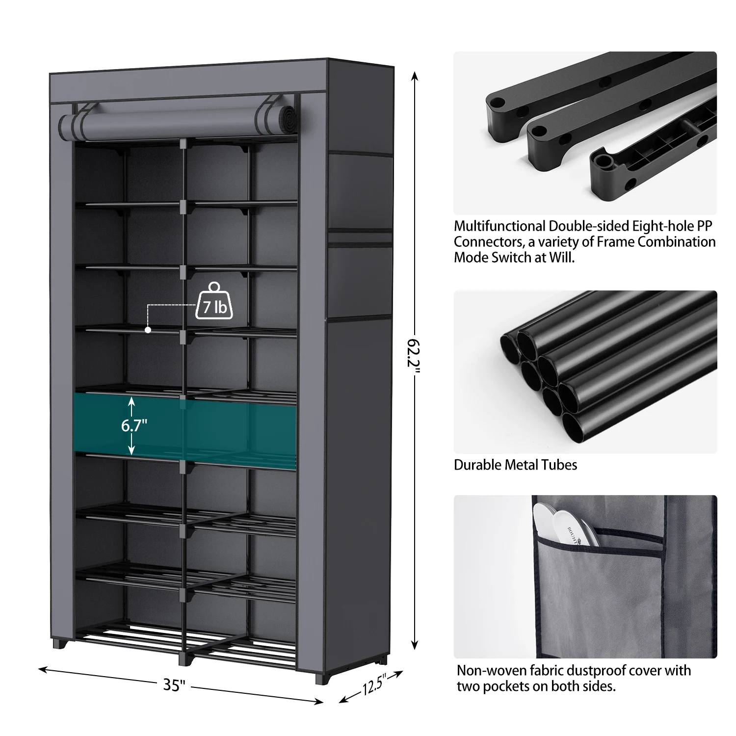 9-Tier Tall Black Shoe Rack, 36-40 Pairs with Gray Cover