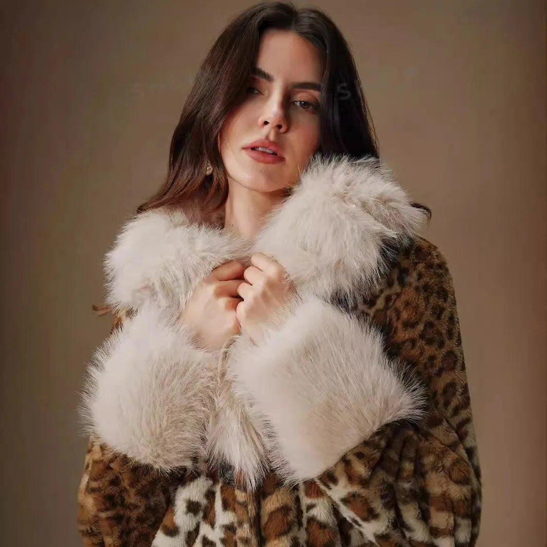 KIDCRKJ Winter Women Mink Fur Jacket Leopard Print Big Fur Collar Faux Fur Outwear For Female Long Over The Knee Lady Fur Coat