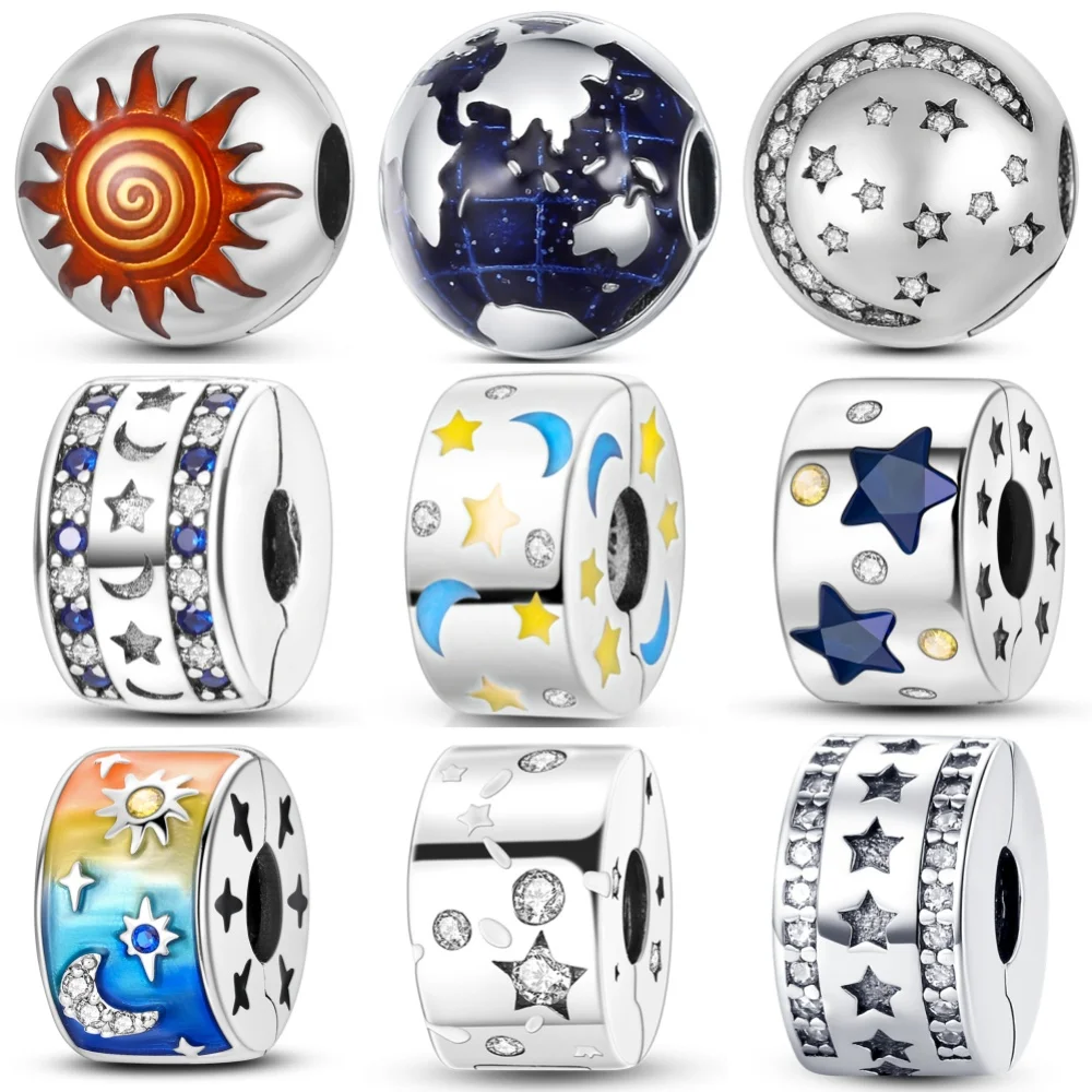 925 Sterling Silver New Sun Moon And Star Series Charms Positioning Buckle For Original Wear Bracelet S92 DIY Jewelry Gifts