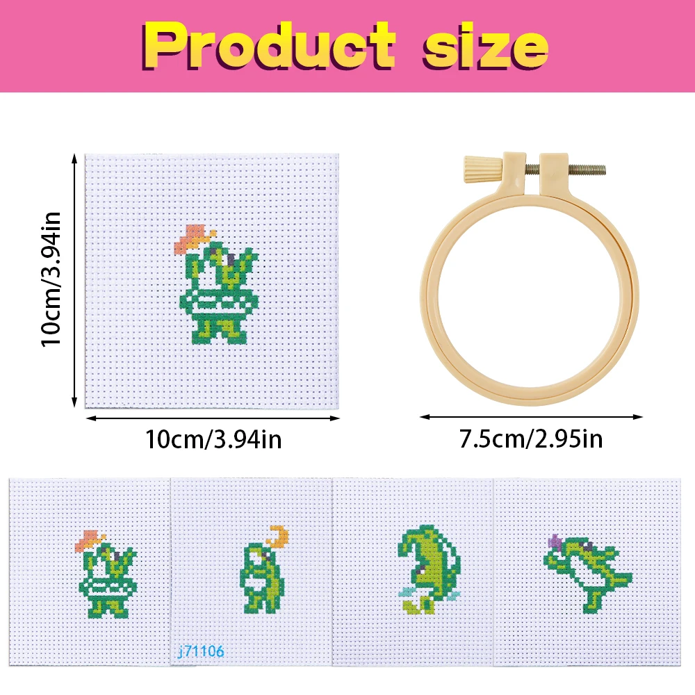 4pcs Embroidery Starter Kit DIY Cross Stitch Frog Pattern Craft Material Portable Needles Remover Threading Tool With Hoop Kids view 2