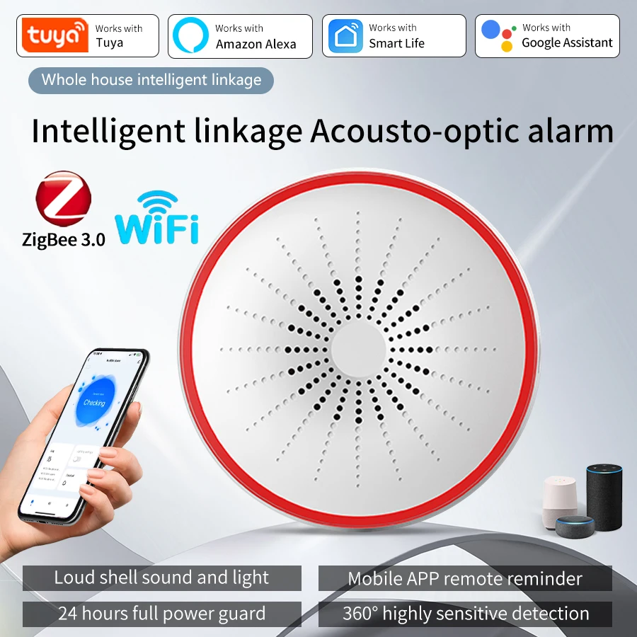 

Tuya ZigBee/WiFi Smart Siren Alarm 100dB Sound Light Home Security Alarm Works With Alexa Yandex Alice Sound & Light Alert