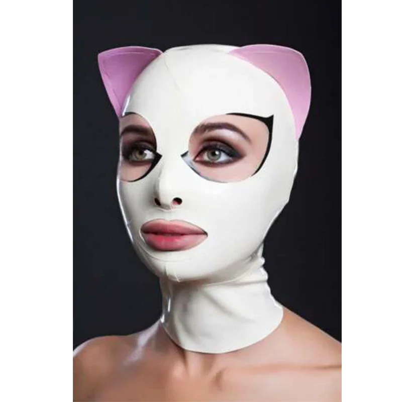 

Latex Gummi Hoods Cat Mask With Eyelashes And Pink Ears Unique Back Zip Customized 0.4mm