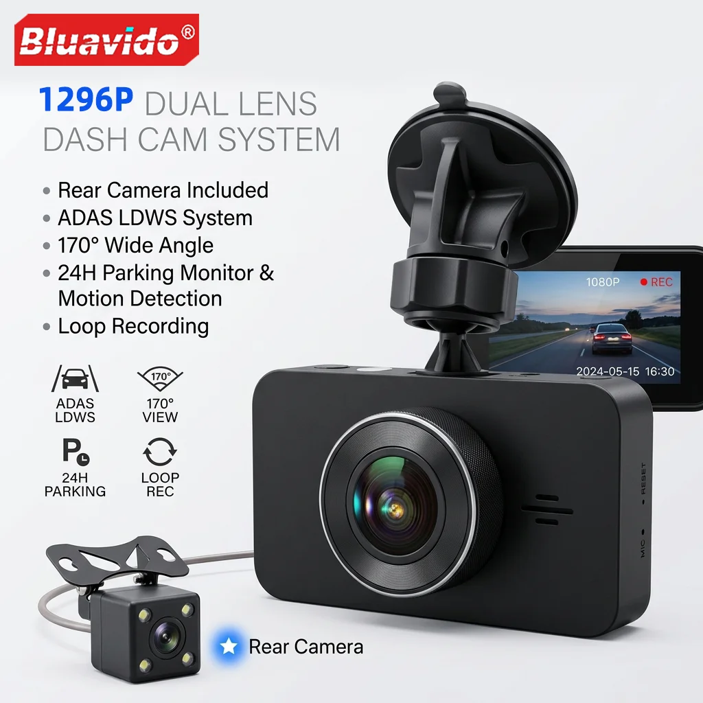 Full HD 1296P Dual Lens Dash Camera ADAS/LDWS 170° Wide Angle Car DVR with Parking Monitor G-Sensor Motion Detection