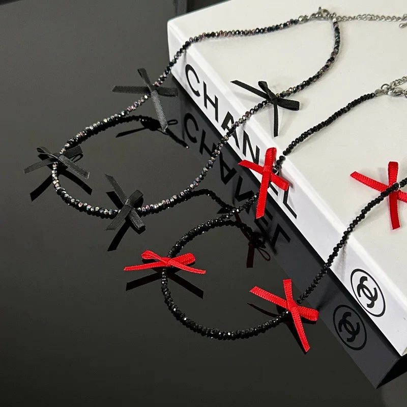 South Korea Dongdaemun exquisite sweet crystal beaded necklace women's simple light luxury ribbon bow collarbone chain tide