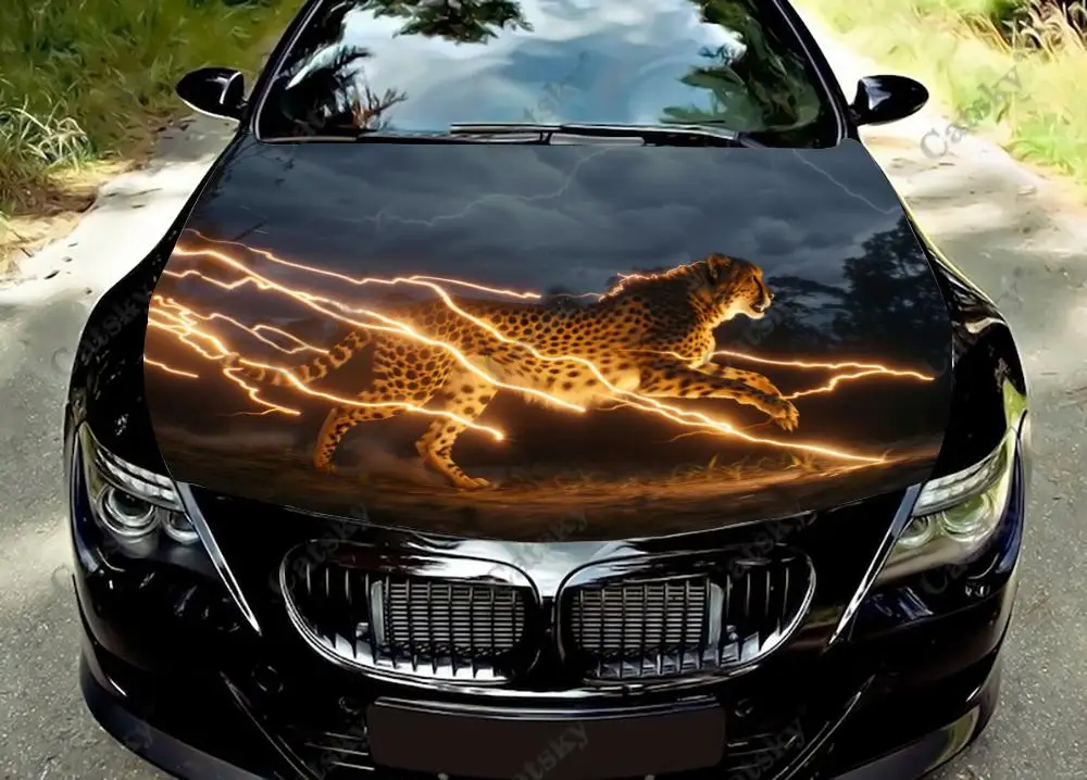 Cheetah with Lightning Car Hood Decal Stickers Wrap Vinyl Film Engine Cover Decals Sticker Car Hood Protective Film