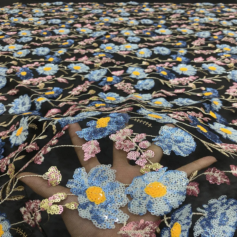 

Новый стиль красочной сетчатой ткани с вышивкой цветов и блестками, вышивка растений, свадебное платье, официальная одежда, роскошное платье, ткань