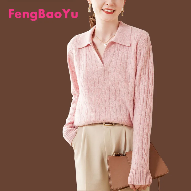 Fengbaoyu Autumn Winter Ladies Cashmere Sweater POLO Collar Fashion Temperament Top Long Sleeve Lapel with Knitted Soft Sweater