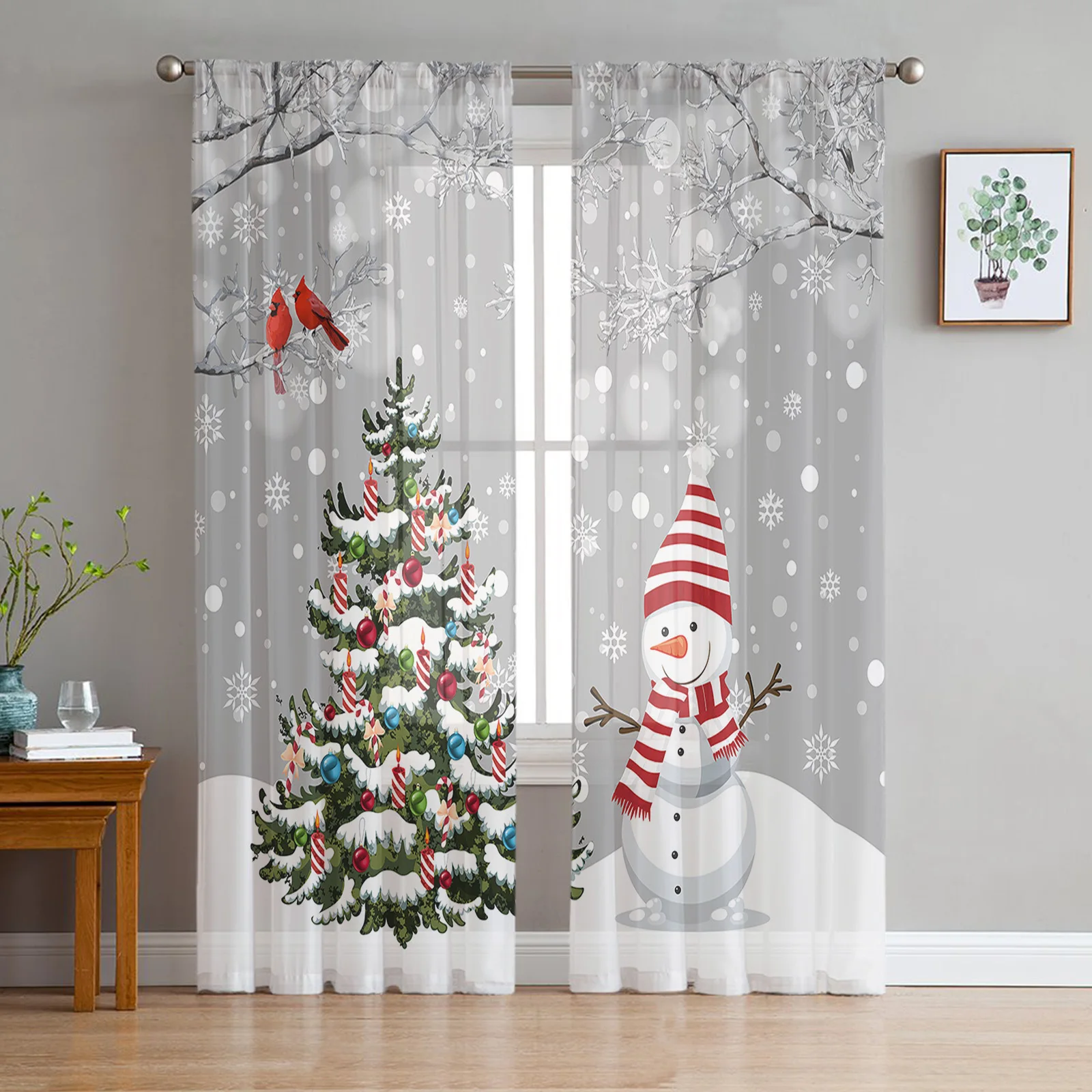 

Christmas Snowman Snowflake Window Tulle Curtains for Living Room Kitchen Christmas Home Decor Sheer Voile Curtains