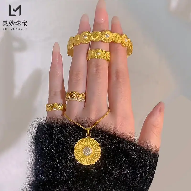 Gold shop same style small daisy bracelet pendant open solid bracelet 24K real gold 9999 new retro gift for girlfriend