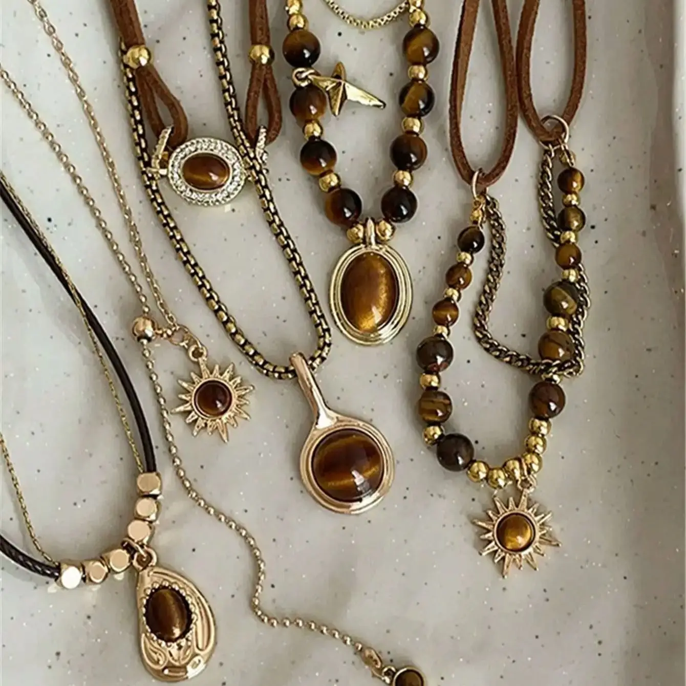 Retro Brown Stone Bead Pendant Necklace with Metal Chain Multi-Strand Design Fall/Winter Sweater Chain Accessory Women's Gift
