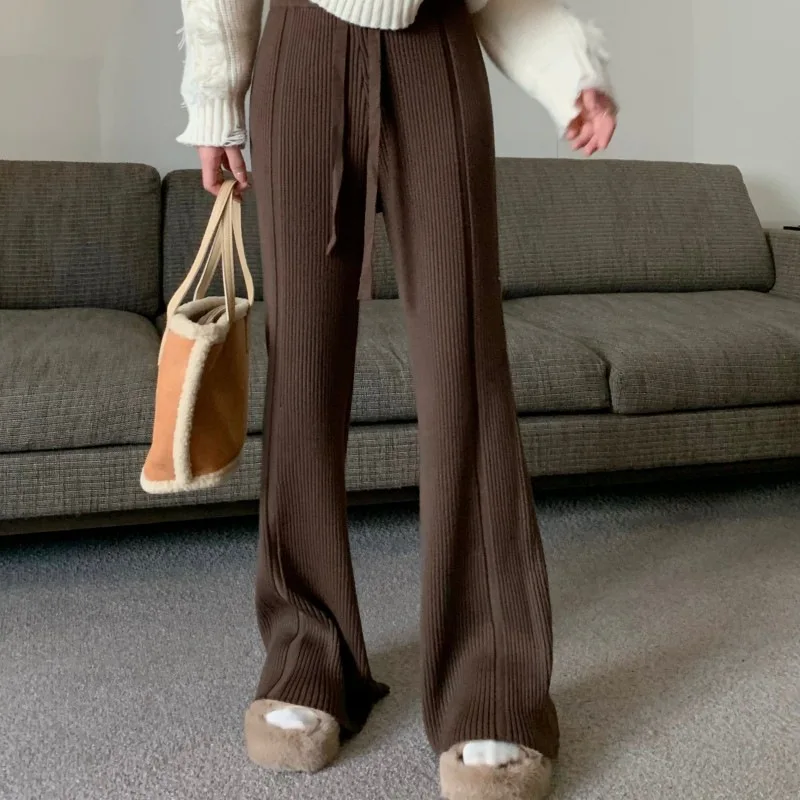 Women's Solid Color Knitted Pit Stripe Wide-leg Pants, Autumn and Winter New High-waisted Drawstring Loose Design Casual Pants,