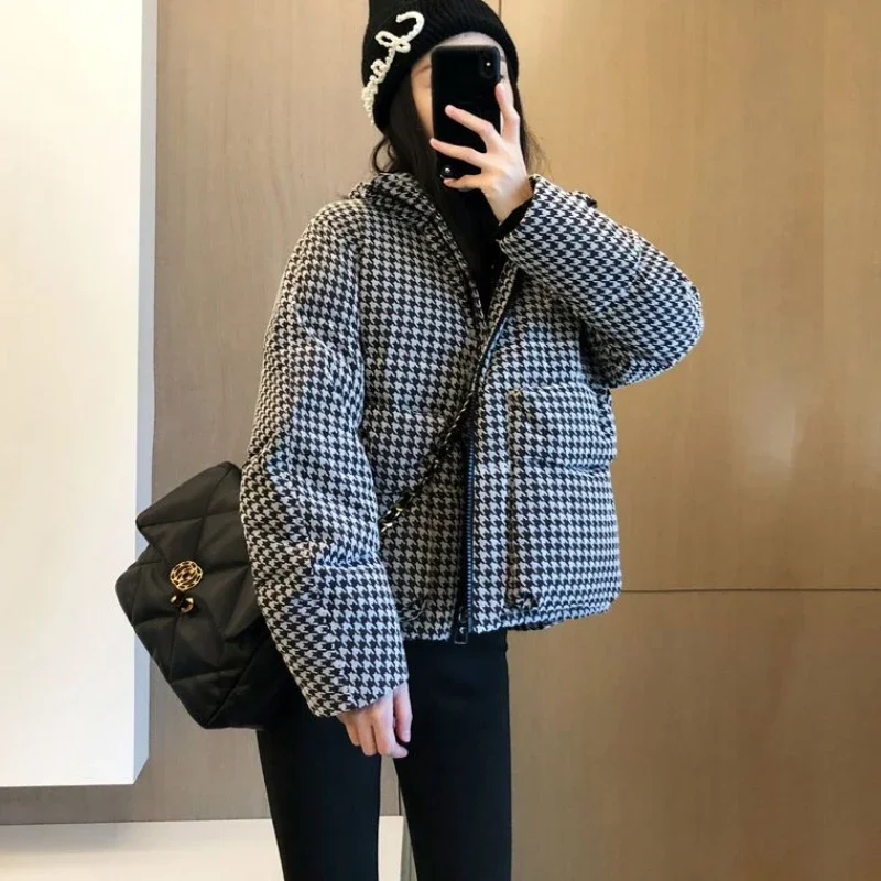 2023 New Winter Jacket Women Long Sleeve Parka Super Hot Plaid Korean Fashion Coat Short Tops Warm Casual Streetwear