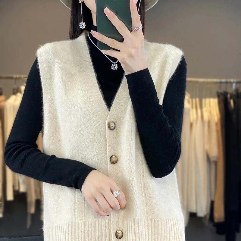 Autumn And Winter New 100% Pure Wool V-Neck Knitted Vest Sleeveless Camisole Knitted Top Solid Color Vest Sweater