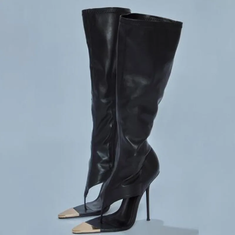 Black Cool Boots Clip Toe High Heeled Boots Metal Front Women Boots Stiletto Matte Leather Shoes