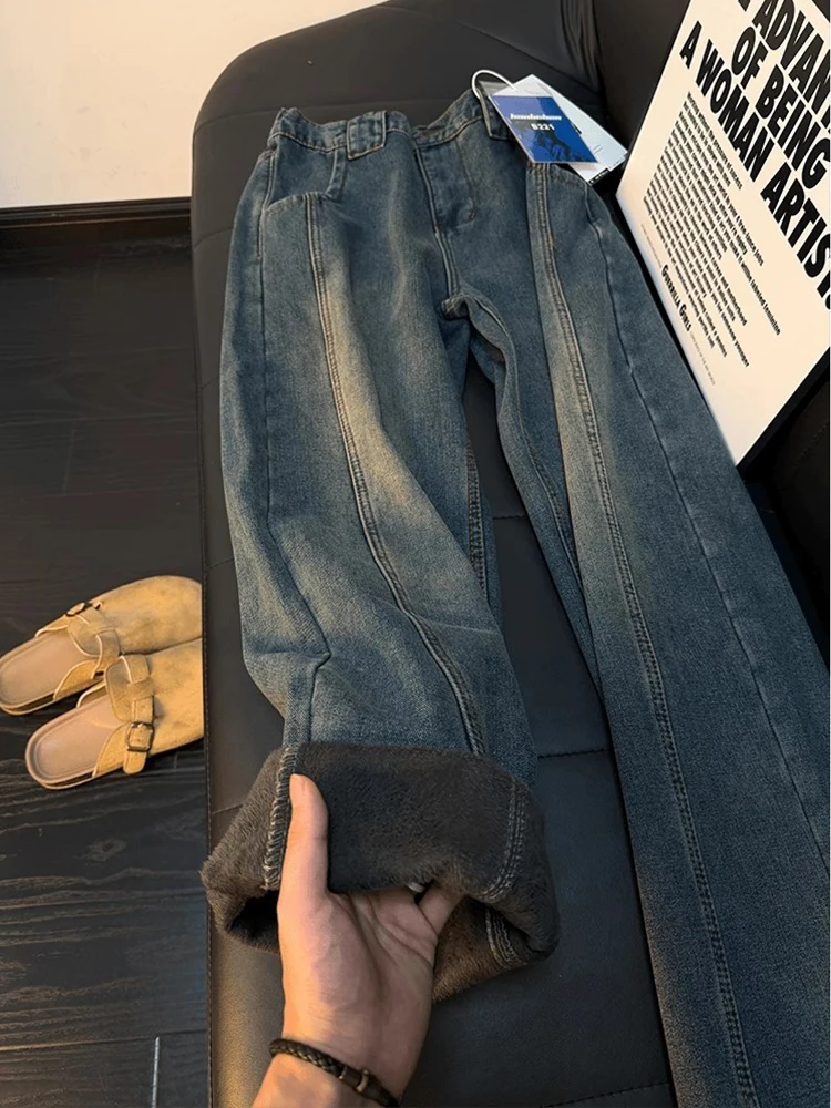 

Retro Waed Fce Lined Straight Leg Men's Jeans Loose Fit Comfortable Warm Autumn Winter High Street Sle Casual Trousers