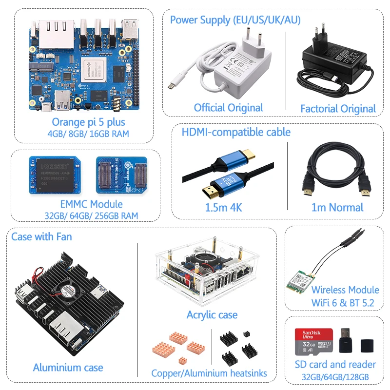 Orange Pi 5 Plus RK3588 4GB/8GB/16GB RAM Complete Kit for OPI5 Plus with Case Power Supply EMMC Module Wireless Module Optional