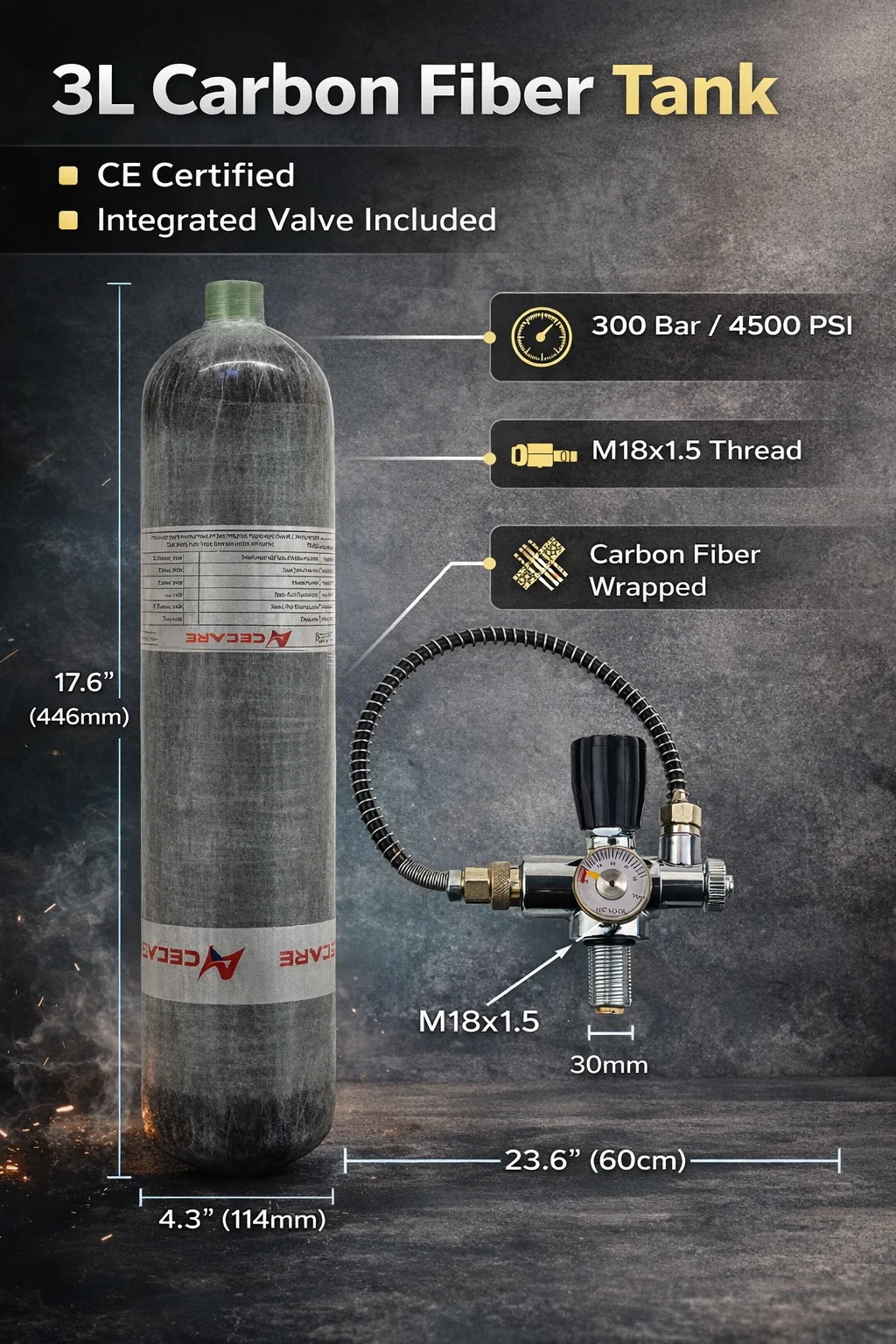

Баллон ACECARE из углеродного волокна, 3 л, CE 4500 фунтов на кв. дюйм, 300 бар, с заправочной станцией, для дайвинга, M18*1.5