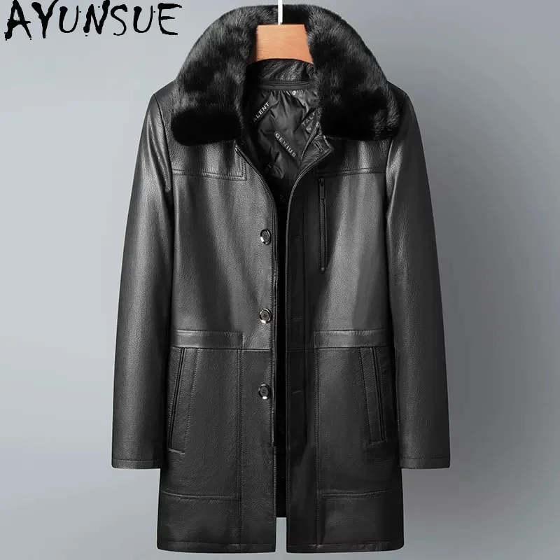 AYUNSUE Natural Goatskin Real Leather Jacket Men White Duck Down Mid-length Coat Winter Mens Clothes Mink Fur Collar Detachable