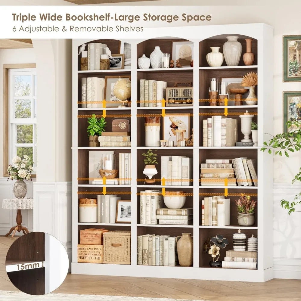 Estante tripla larga de 71", estante alta de 6 camadas, estante grande com defletor curvo, prateleira para livros de 63,4" de largura com 18 expositores abertos