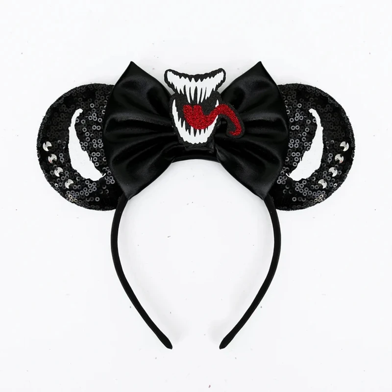 Black Bow Venom Headbands Women Marvel Eddie Brock Hair Accessories for Girls Cosplay Disney Avengers Ears Hairband Kid DIY Gift