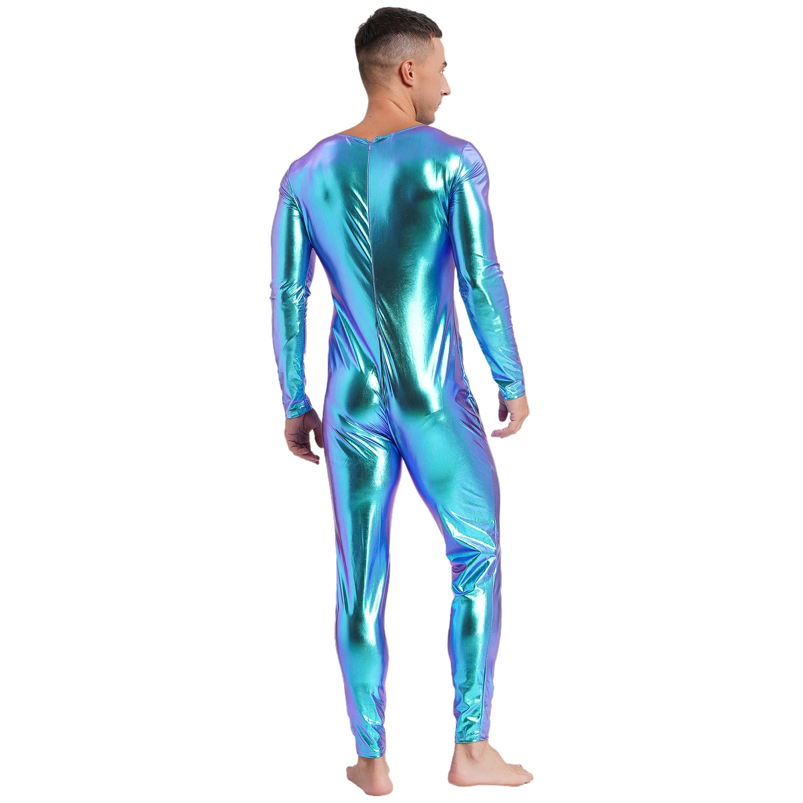 Mens Metallic Shiny Unitard Ballet Dancewear Round Neck Long Sleeve Slim Fit Full Body Bodysuit Jumpsuit One-piece Costumes