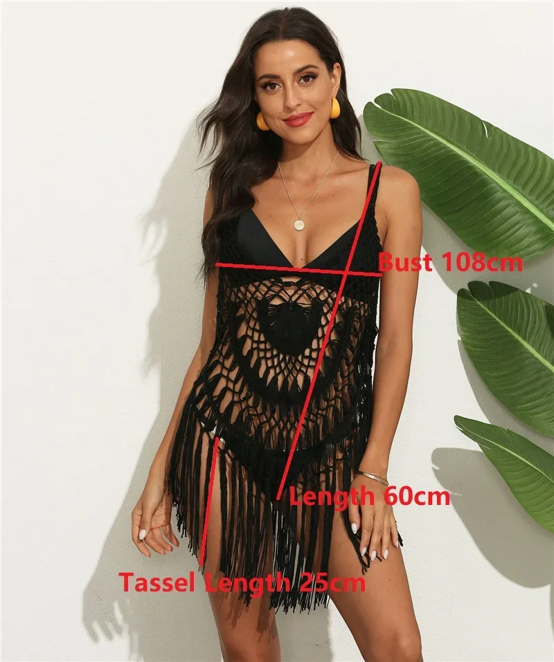 Sexy Mini Beach Dress Knitted Fringe Coverup White Woman Pareo Verano on The Sea Black 2022. Damska tunika letnia damska Cover Up