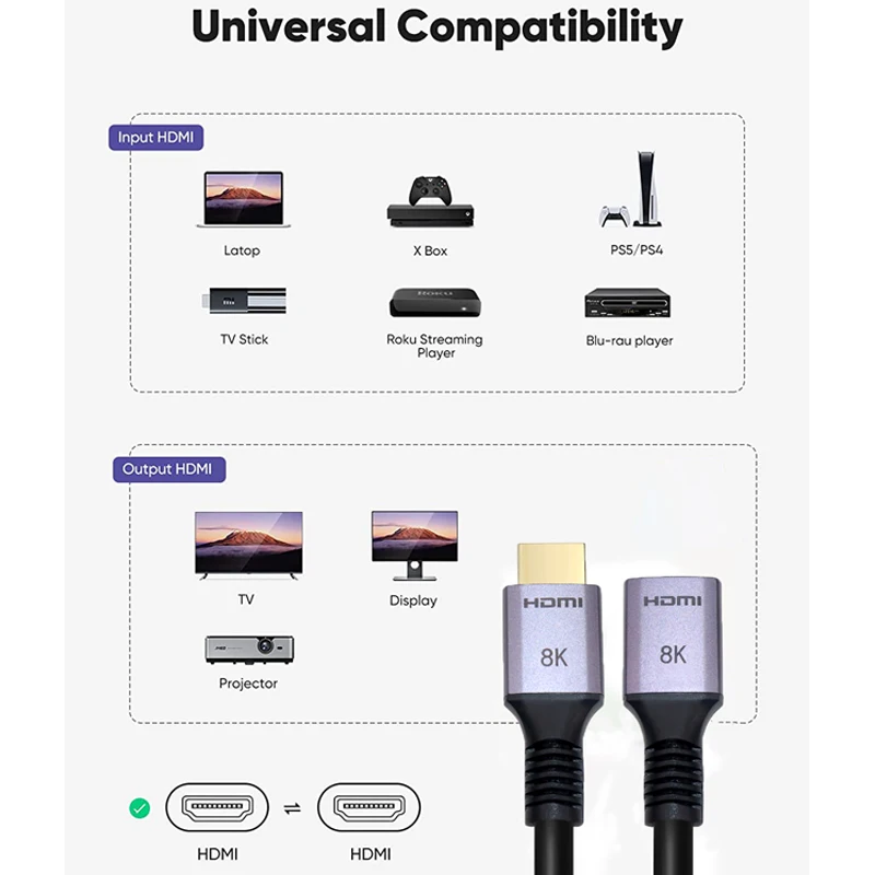 HDMI-Compatible Extender Cable 8K HDMI-Compatible 2.1 Cable Male to Female Cable for HDTV PS4 Switch 8K@60Hz 4K@120Hz 48gbps