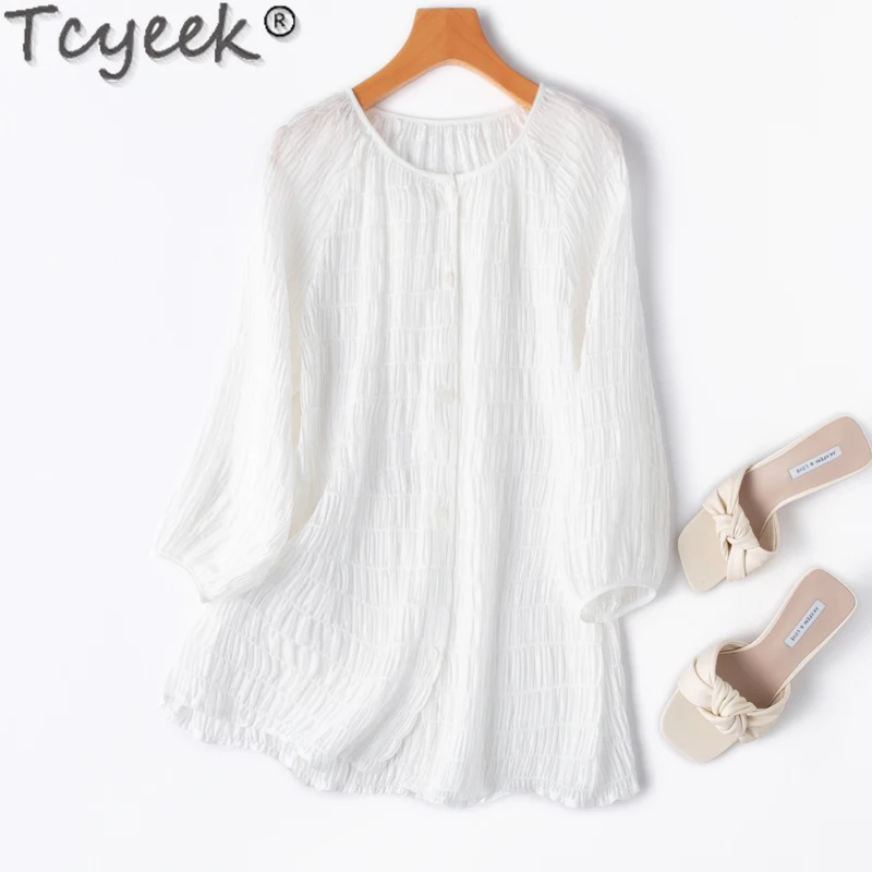 Tcyeek 100% Mulberry Silk Shirts for Women Spring Summer Lantern Sleeve Top Female O-neck White Tops Woman Clothing Camisa Mujer