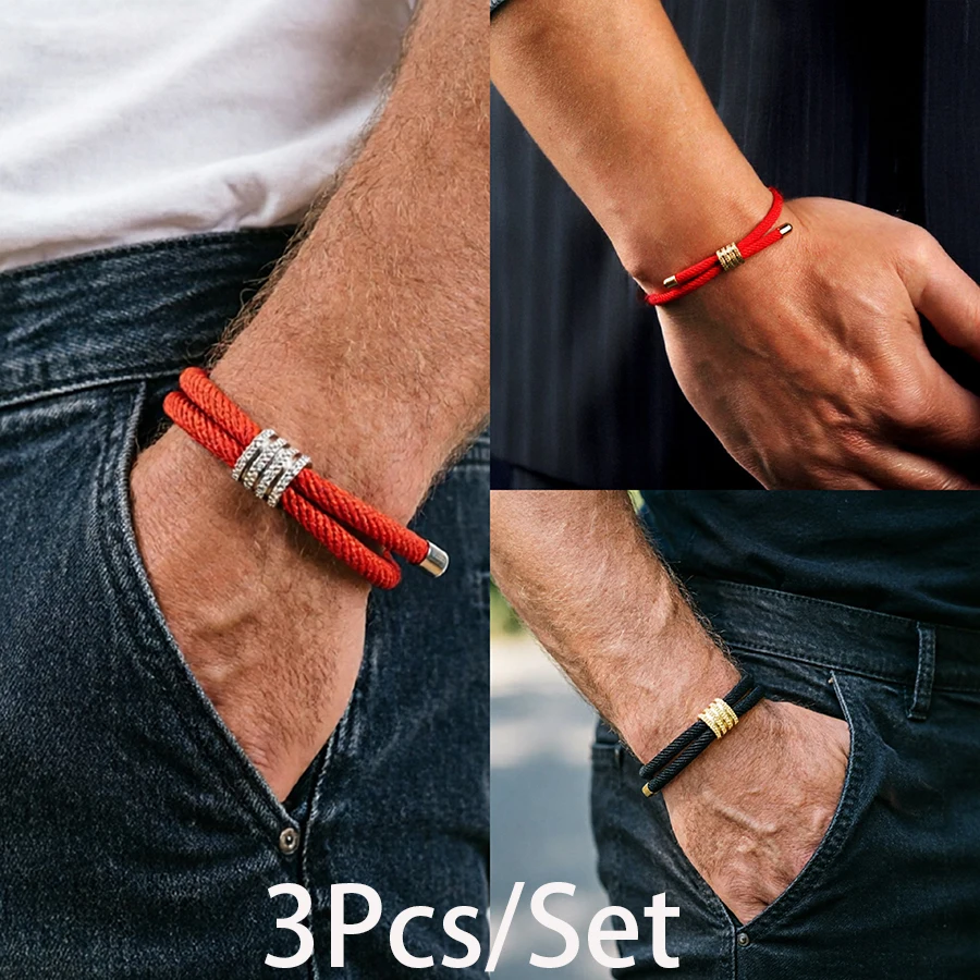 Erschwingliches 3-teiliges Herren-Seilarmband-Set: Premium ausgewählte 4mm Kordel, schweißabsorbierend, hautfreundlich, schwereloser Schmuck, anlaufgeschützt