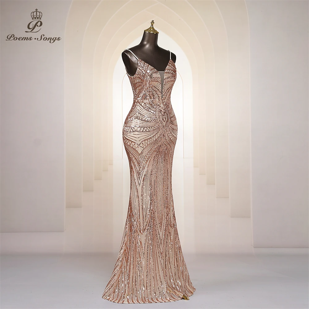 Sexy V-neck gold Mermaid Evening Dresses For Women Prom Dresses Maxi dress Party dress Beautiful Evening gowns robe de soiree