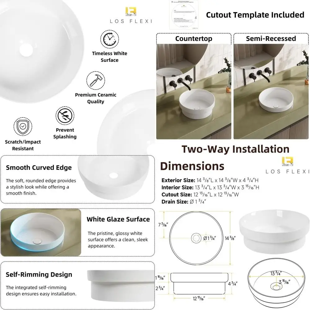 14 Circular Drop-In Bathroom Sink, Recessed Design Without Overflow, Space-Efficient Vanity Basin