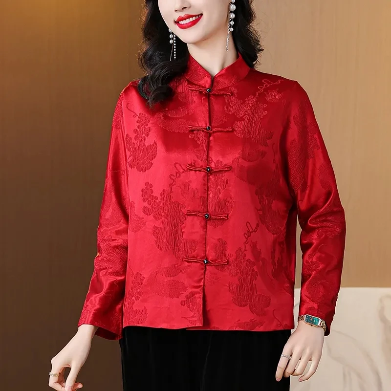 

Women's New Chinese Style Tang Suit Shirt Loose Long Sleeve Jacquard Stand Collar Retro Print Casual Asian Ethnic Top