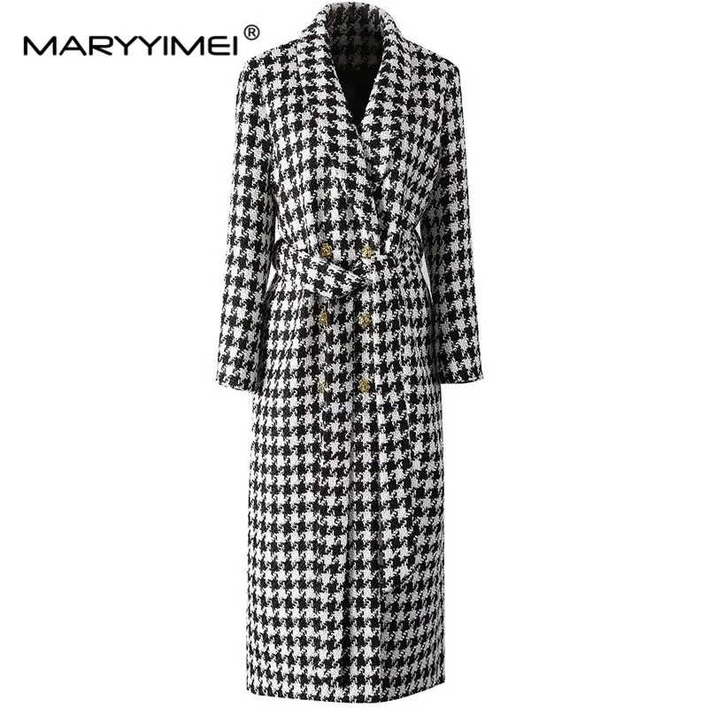 MARYYIMEI Autumn and Winter Women's Coat Turn-Down Collar Long sleeve Double Breasted Lace-Up Plaid Overcoat