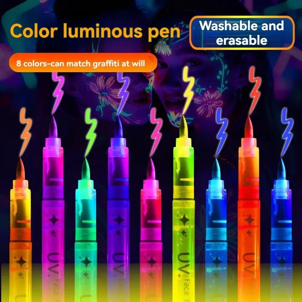 

8 Colors Set Erasable Body Glow Paint Pens Glow in The Dark DIY Fluorescent Pens Bright Acrylic Paint Pens Body Painting