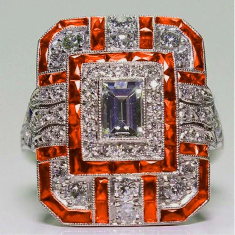 Elegant luxury retro ethnic style four-color square ring slightly inlaid with artificial zircon jewelry