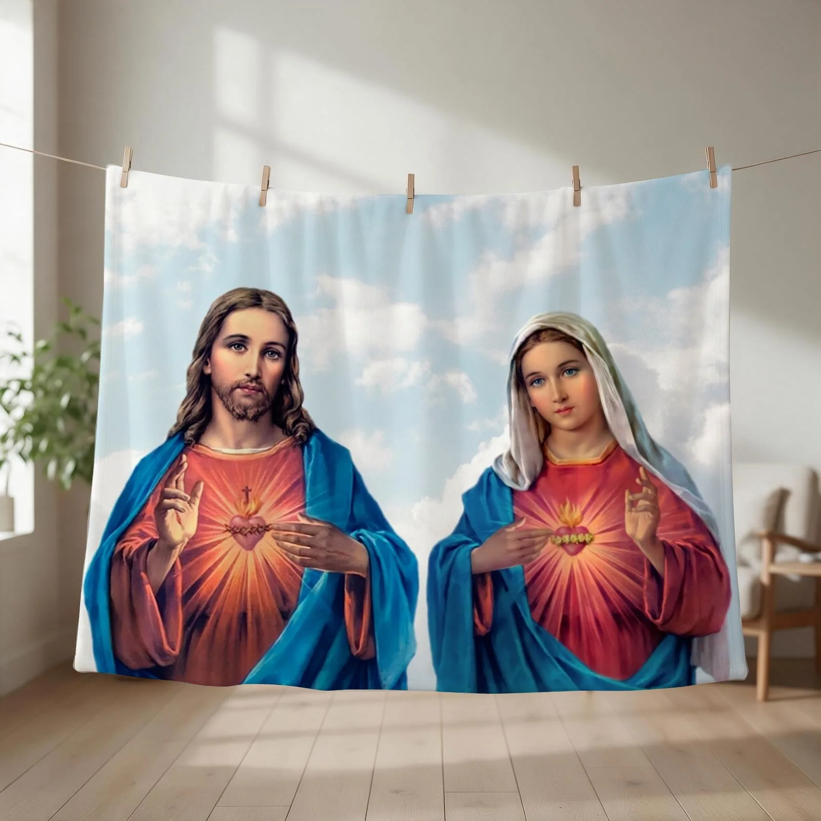 Sacred and Immaculate Hearts (Jesus and Mary) with sky background Throw Blanket