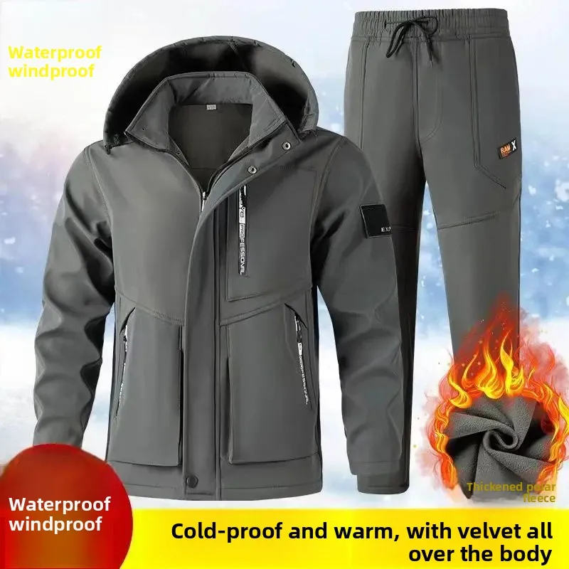 2025 야외 플리스 안감 스포츠 캐주얼 작업복 트레이닝 소프트 쉘 수트 방수 방풍 따뜻한 레저 야외복 세트